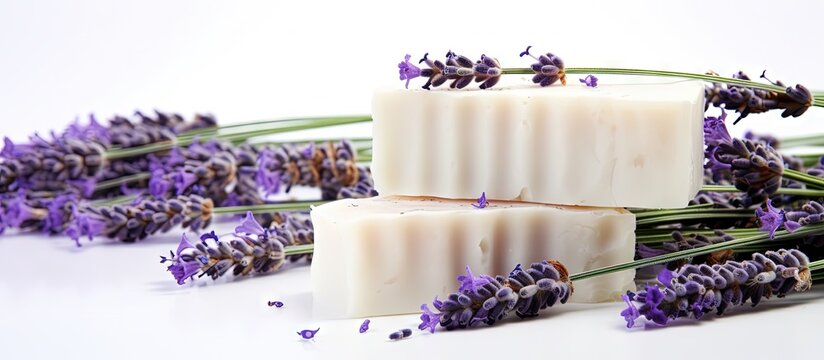 Handcrafted lavender soap on white background for spa and aromatherapy Copy space image Place for adding text or design