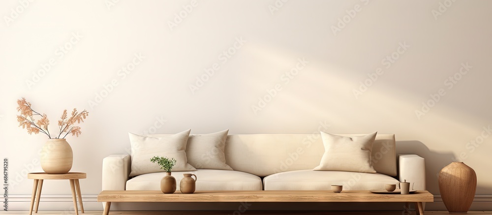 Poster minimal wooden table with accessories in a cozy minimalist living room 3d illustration copy space im