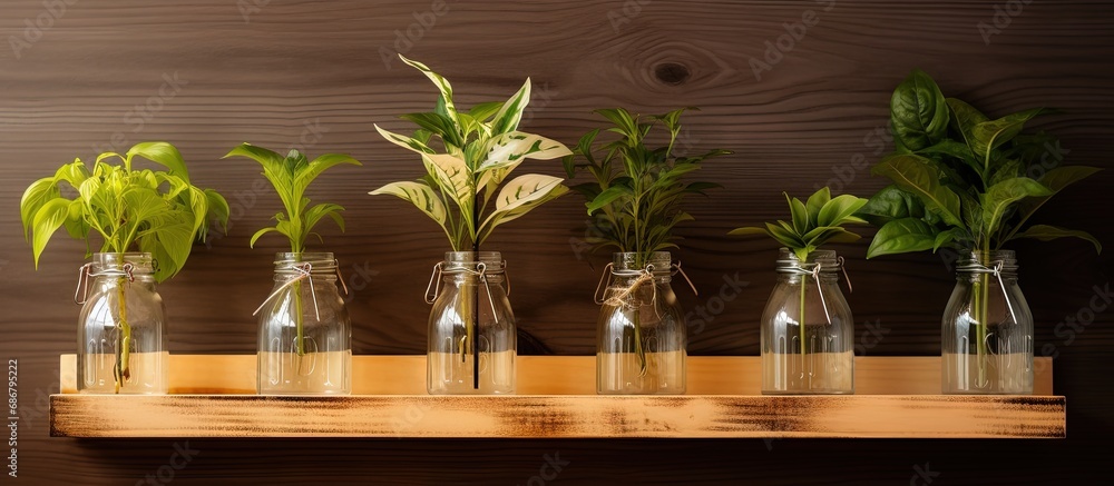 Poster plastic bottles used as plant containers on wooden shelves copy space image place for adding text or