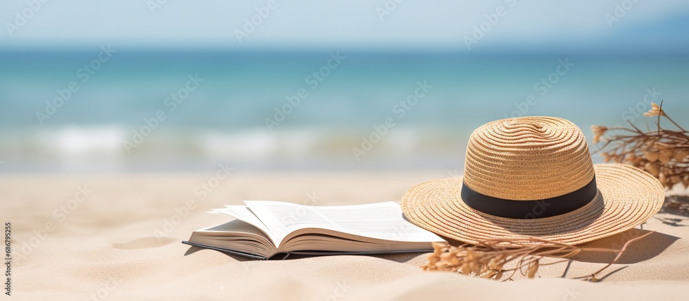 Poster sandy beach with book hat and towel near sea copy space image place for adding text or design