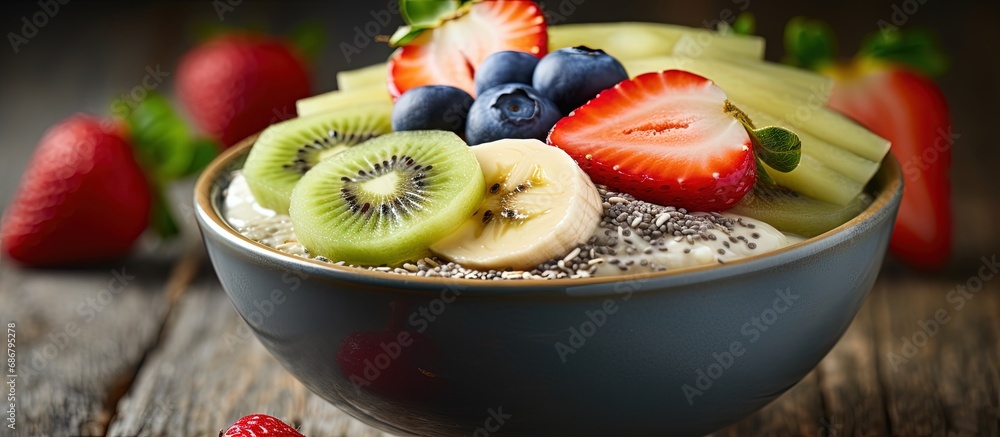 Poster Nutritious bowl of oats with fruits and chia Copy space image Place for adding text or design