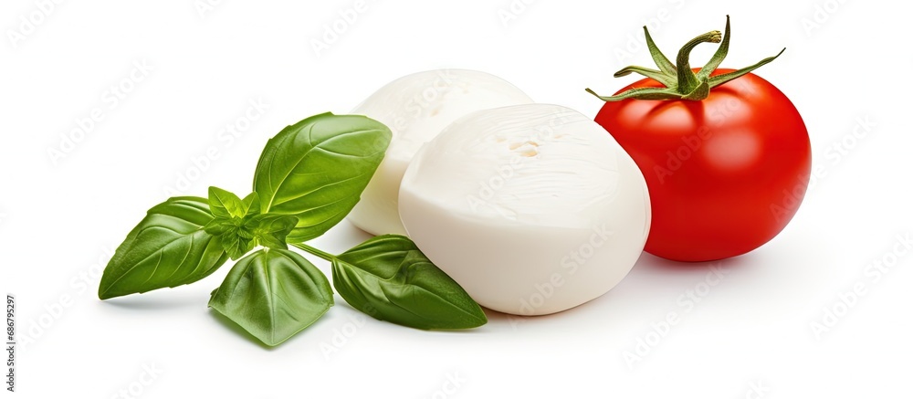 Poster Isolated mozzarella tomato and basil Copy space image Place for adding text or design
