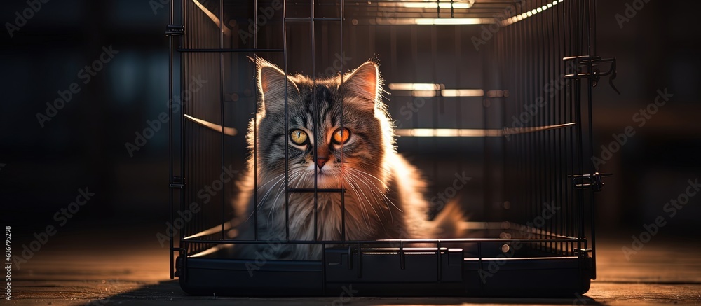 Poster Gorgeous feline enclosed in portable cage excellent image Copy space image Place for adding text or design