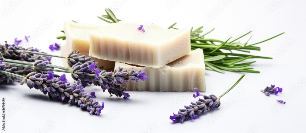 Poster handcrafted lavender soap on white background for spa and aromatherapy copy space image place for ad