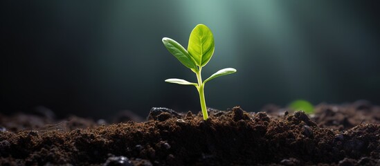 New seedling growing in dark soil with space for text earth day or nature background Copy space image Place for adding text or design