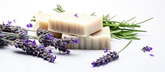 Obraz na płótnie Canvas Handcrafted lavender soap on white background for spa and aromatherapy Copy space image Place for adding text or design