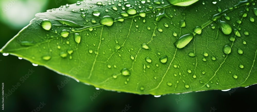 Poster raindrops on leaf in nature close up copy space image place for adding text or design