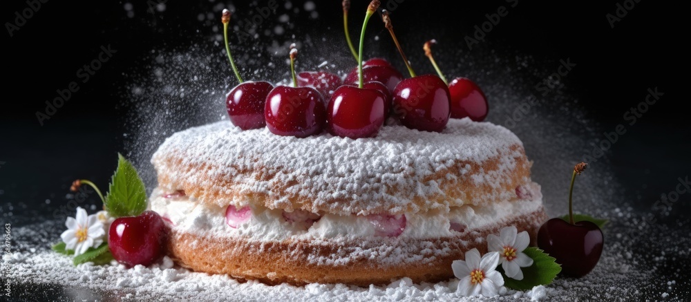 Aufkleber Homemade cooking with cherry on dark sponge cake decorated with powdered sugar Copy space image Place for adding text or design