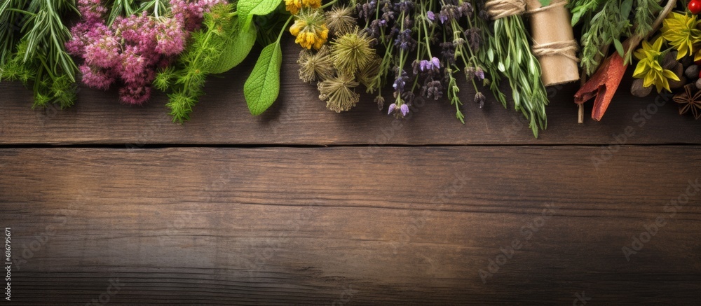 Poster medicinal herbs on wood copy space image place for adding text or design