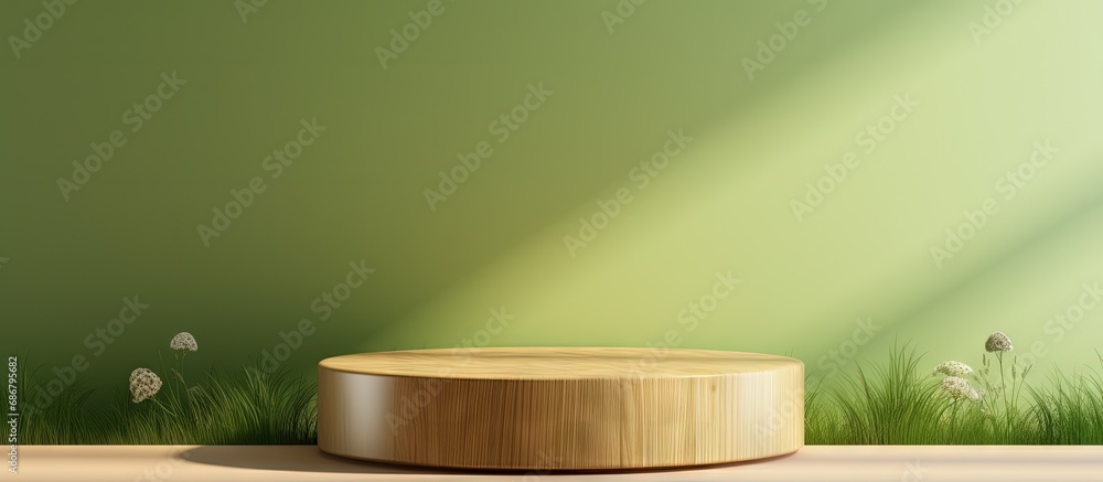 Poster green room with wooden podium for product display featuring nature and organic cosmetic and food con