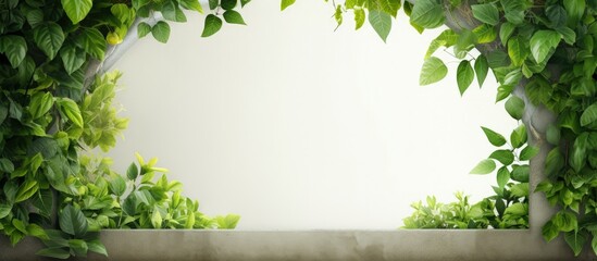 Green tree with white window surrounded by climbing plants Copy space image Place for adding text...