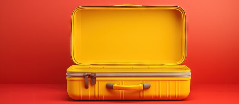 Rendering 3D red suitcase opening empty mock up on yellow background Copy space image Place for adding text or design