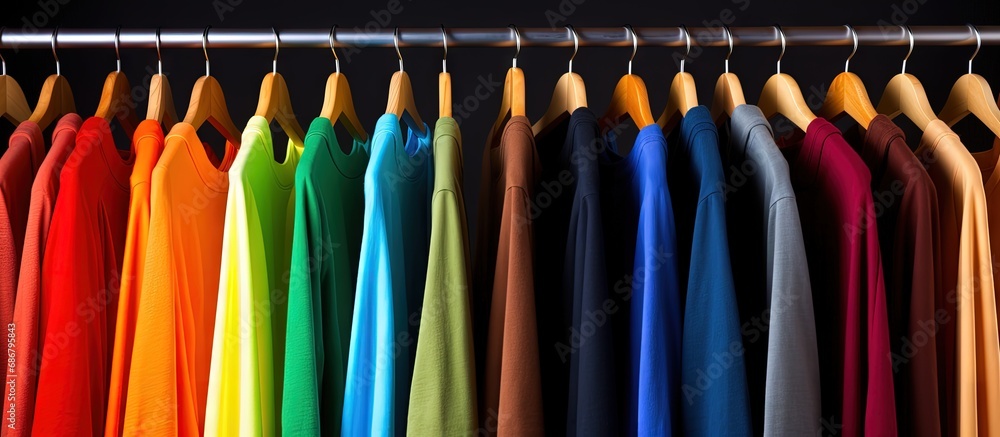 Poster Rainbow colors Assorted casual shirts on wooden hangers isolated on white Copy space image Place for adding text or design