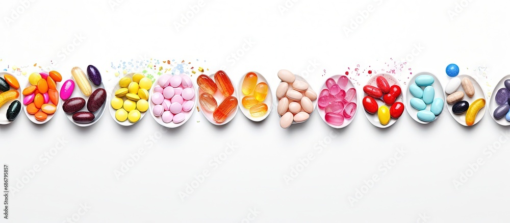 Aufkleber Pet vitamins Adorable cat and spoon with various pills on white backdrop Copy space image Place for adding text or design