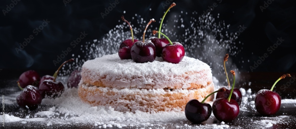 Poster Homemade cooking with cherry on dark sponge cake decorated with powdered sugar Copy space image Place for adding text or design