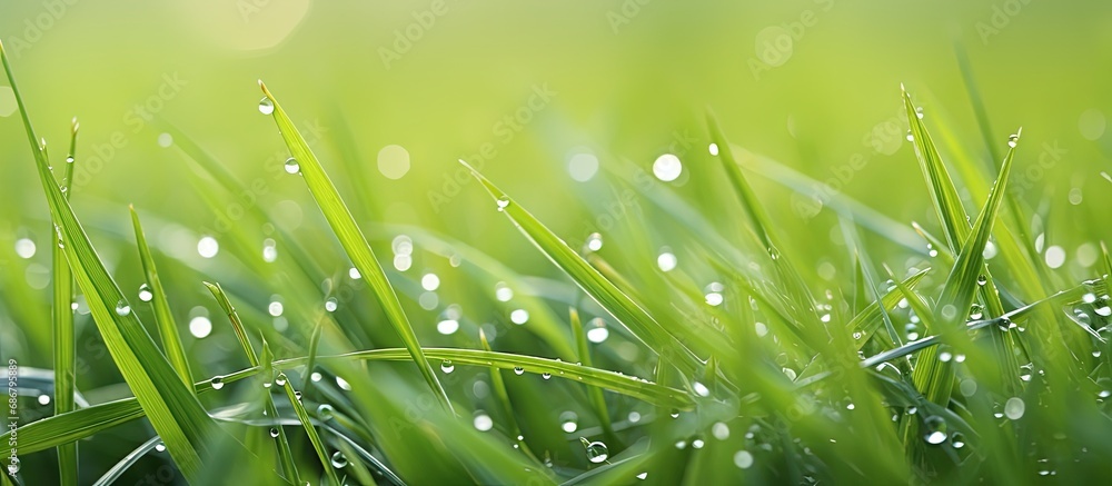 Poster Gorgeous close up photo of fresh green grass dew and nature Copy space image Place for adding text or design