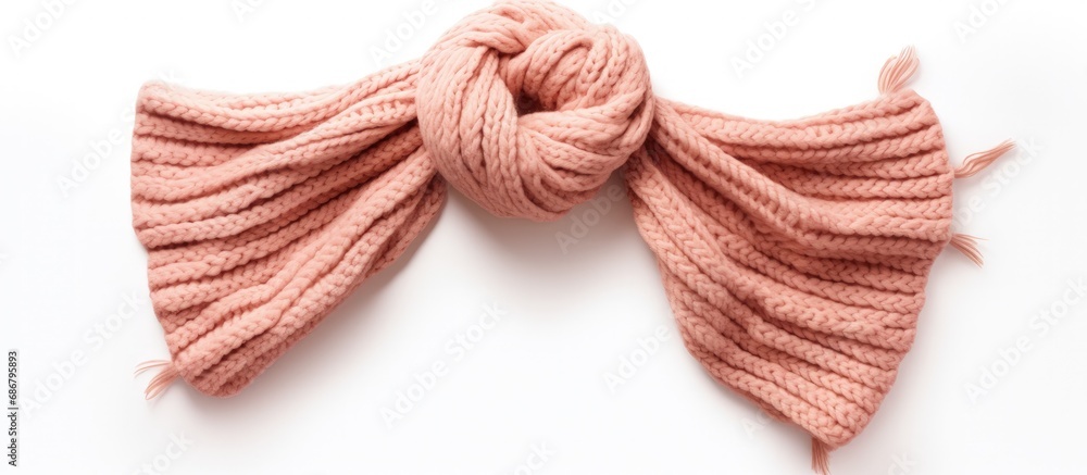 Poster Handcrafted winter scarf against white backdrop Copy space image Place for adding text or design