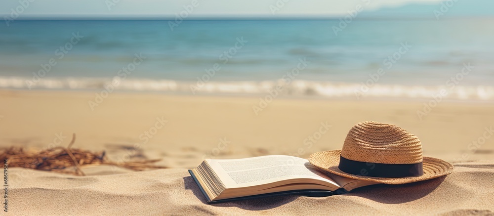 Poster sandy beach with book hat and towel near sea copy space image place for adding text or design