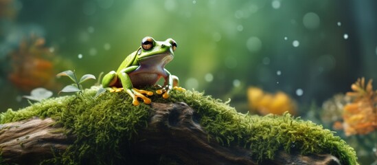 Indonesian tree frog resembling laughing sitting on moss Copy space image Place for adding text or design