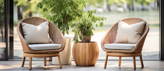 Outdoor living space with attractive rattan furniture cozy pillows and a potted plant Copy space image Place for adding text or design - obrazy, fototapety, plakaty