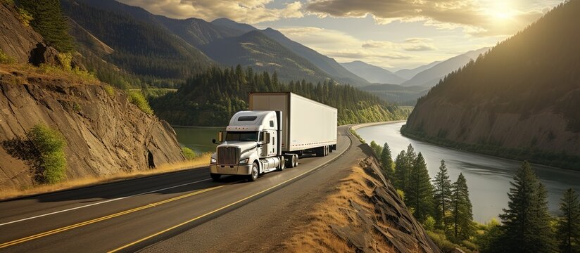 Large white semi truck carrying cargo in a trailer driving on a winding highway with a fence and forest in Columbia Gorge Copy space image Place for adding text or design