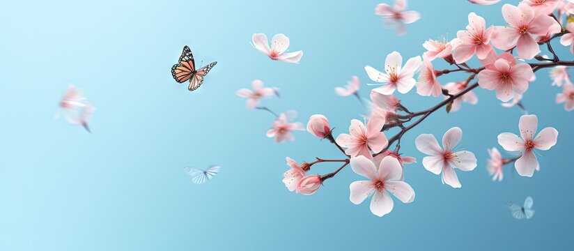 Lovely flowers floating on blue conveying spring love and celebration Copy space image Place for adding text or design