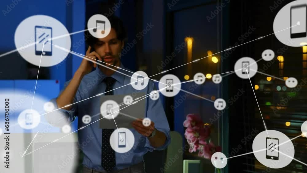 Poster animation of network of connections with icons over caucasian businessman using smartphone