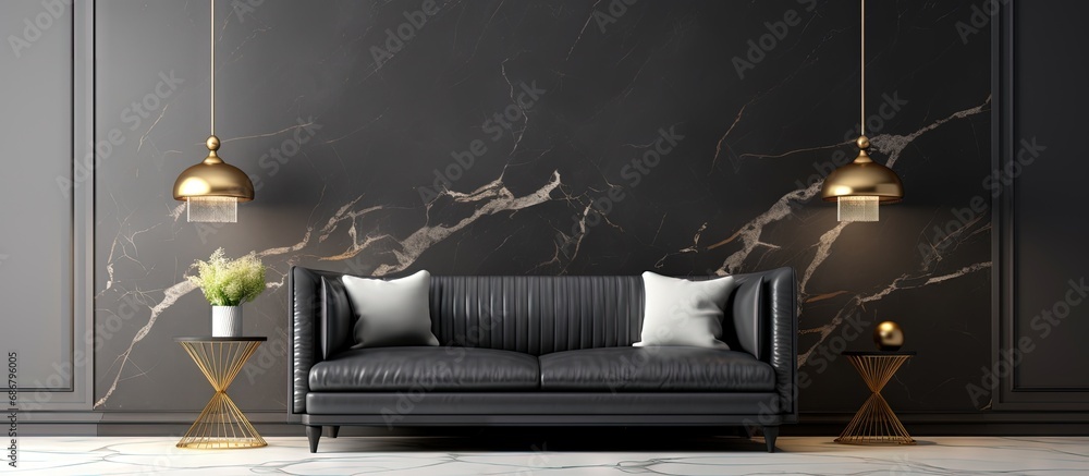 Poster Luxurious contemporary living room with a 3D rendered marble and black patterned wall background Copy space image Place for adding text or design