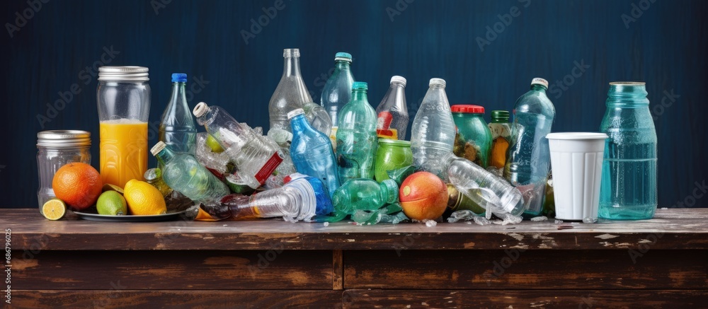 Poster Recyclable waste sorted into metals plastics paper and glass Copy space image Place for adding text or design