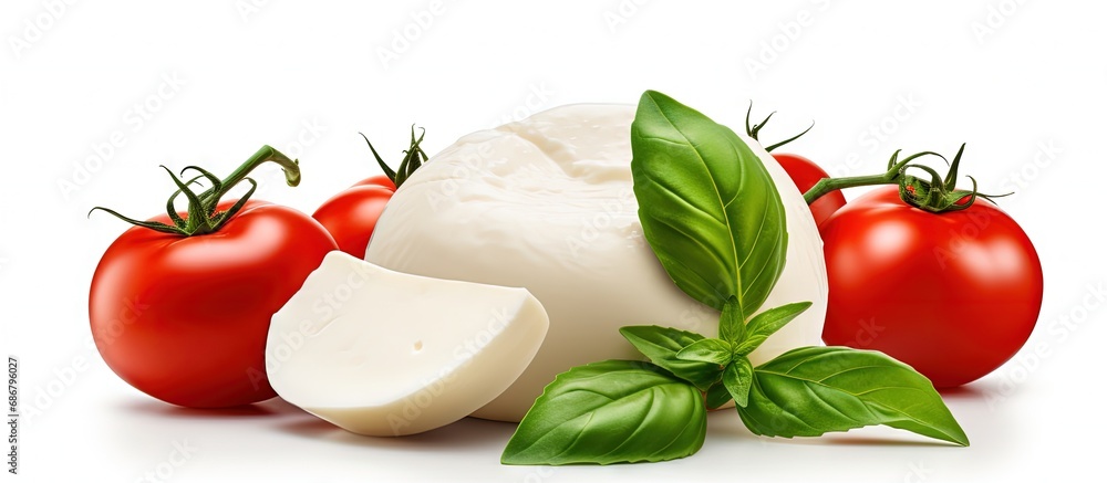 Poster Isolated mozzarella tomato and basil Copy space image Place for adding text or design