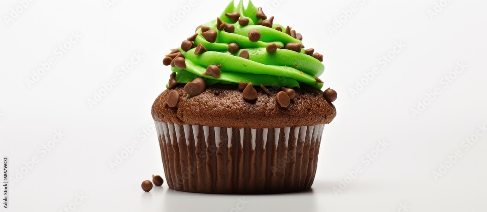 Poster halloween themed cupcake with colorful decoration isolated on white background in high quality close
