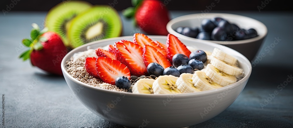 Poster Nutritious bowl of oats with fruits and chia Copy space image Place for adding text or design