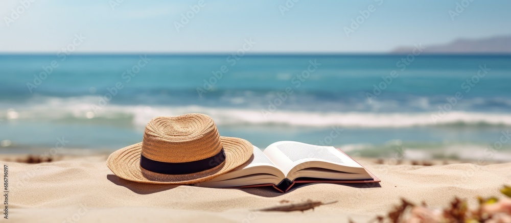 Poster sandy beach with book hat and towel near sea copy space image place for adding text or design