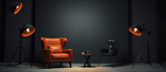 Photography studio with lighting gear and seating Copy space image Place for adding text or design