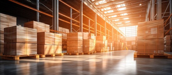 Industrial and logistics companies with commercial warehouses stock boxes and crates on three story shelves causing a motion blur effect under bright sunlight Copy space image Place for adding