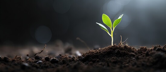 New seedling growing in dark soil with space for text earth day or nature background Copy space image Place for adding text or design - obrazy, fototapety, plakaty