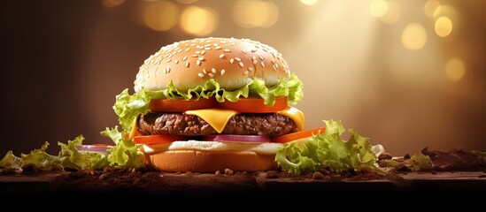 Lunch with quick cheeseburger Copy space image Place for adding text or design - obrazy, fototapety, plakaty