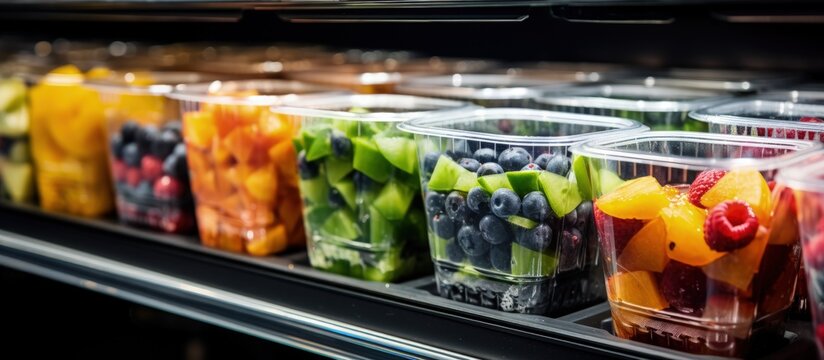 Pre packaged fruit salads in plastic boxes for sale in a commercial fridge Copy space image Place for adding text or design