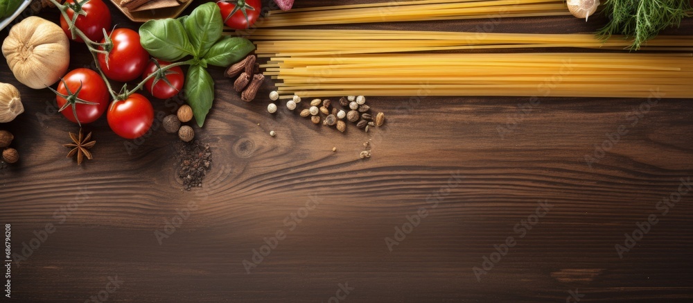 Poster Italian ingredients on wood background Copy space image Place for adding text or design