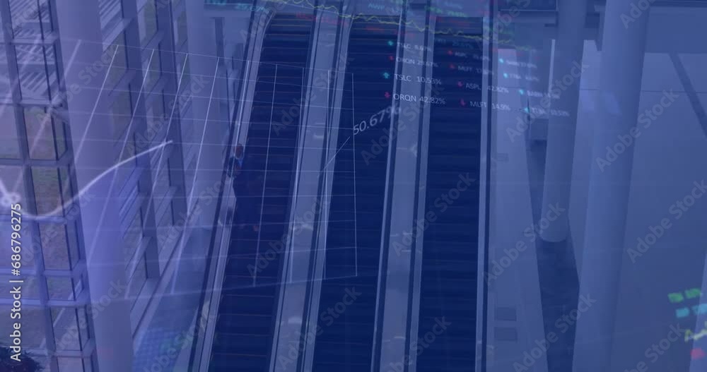 Poster animation of financial data processing over escalators in modern office