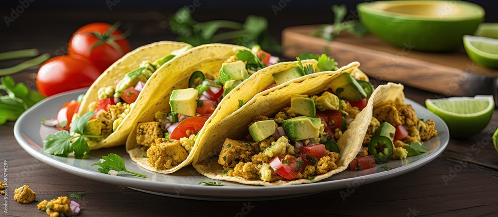 Poster Healthy vegan breakfast featuring scrambled tofu tacos with avocado tomatoes and herbs Copy space image Place for adding text or design