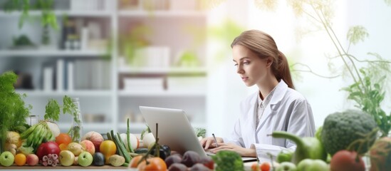 Online consultation with a female nutrition expert for healthcare diet planning and healthy food Copy space image Place for adding text or design - obrazy, fototapety, plakaty