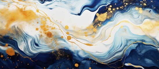 Marble inspired alcohol ink painting with blue white and gold Dreamy design for an invitation card Copy space image Place for adding text or design