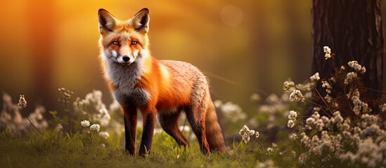 Red Vulpes vulpes on a spring evening Copy space image Place for adding text or design