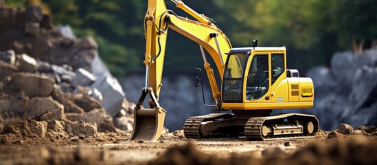 Modern earthmoving equipment including a yellow crawler excavator performing earthworks at a construction site Copy space image Place for adding text or design