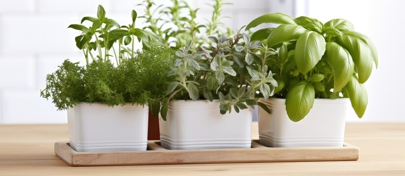 Herbs in a crate on a table background potted plants Lifestyle concept Space for text Banner Copy space image Place for adding text or design