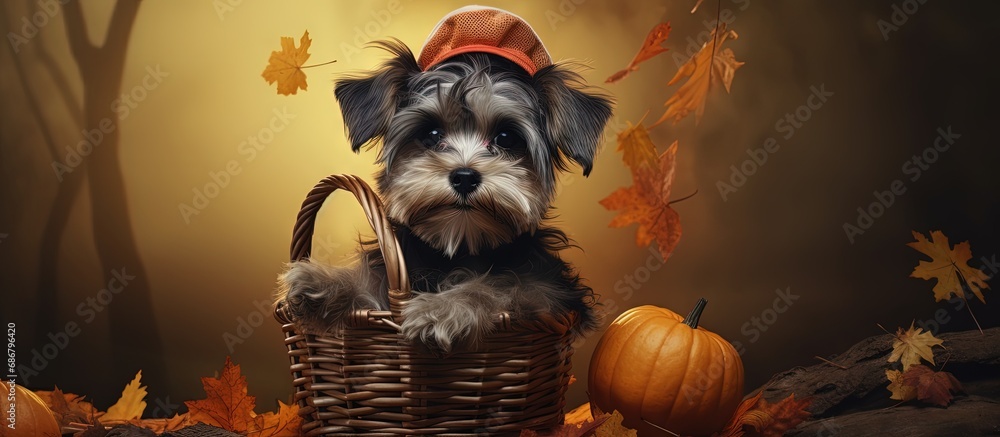 Poster halloween themed dog portrait with a basket copy space image place for adding text or design