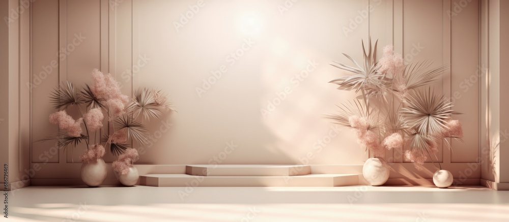 Poster product presentation backdrop empty beige studio with window shadows flowers and palm leaves 3d room