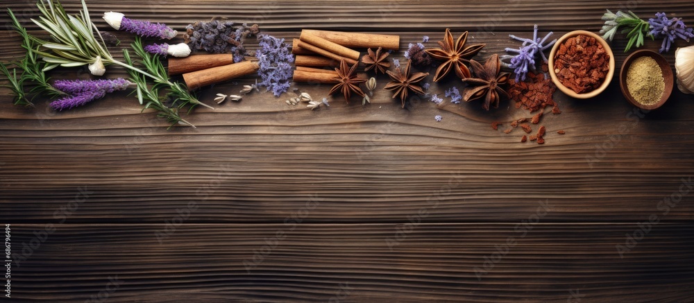Poster medicinal herbs on wood copy space image place for adding text or design