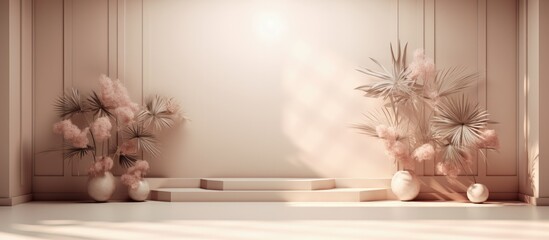Product presentation backdrop Empty beige studio with window shadows flowers and palm leaves 3D...